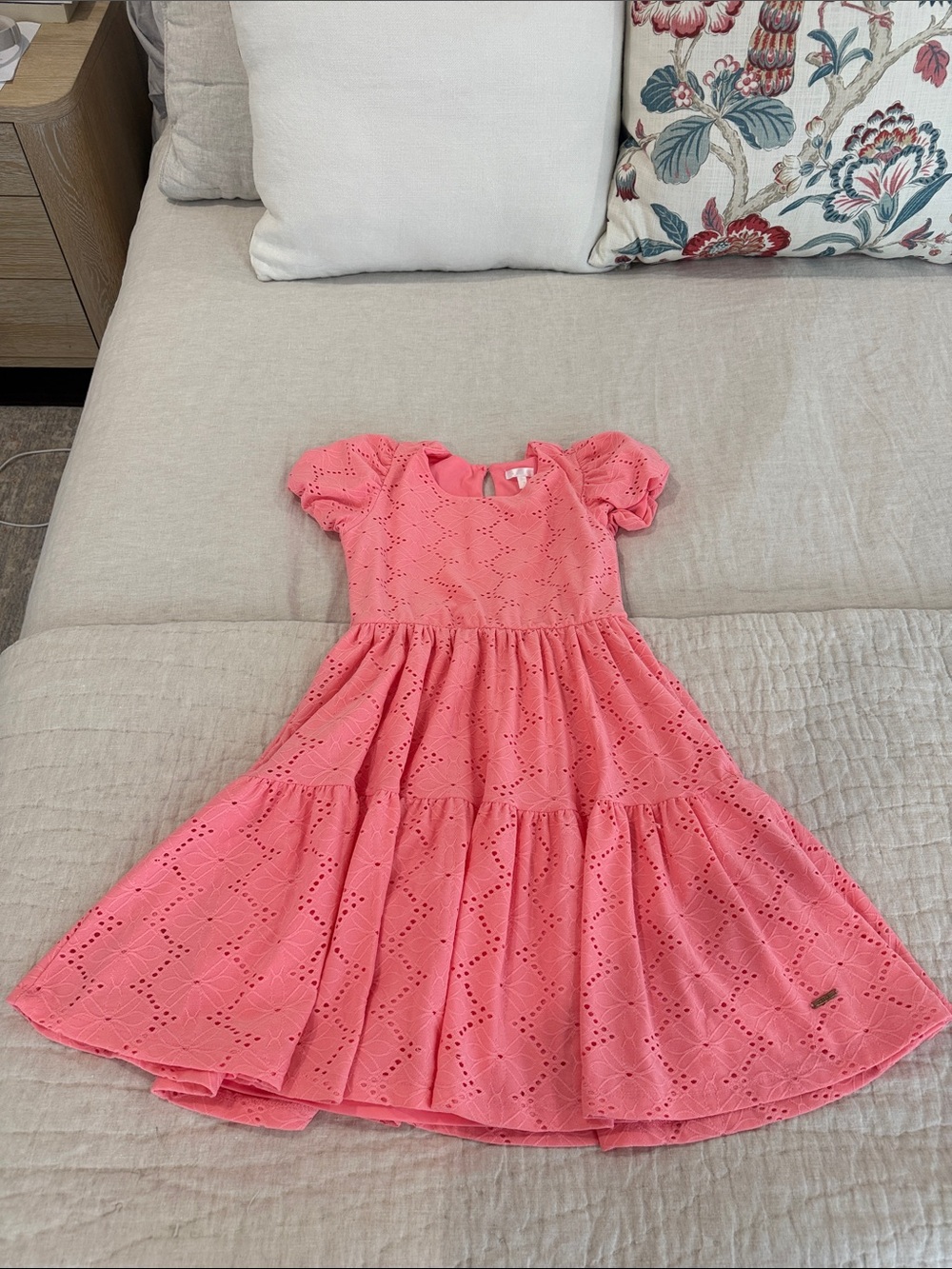 Tahari Pink Eyelet Puff-Sleeve Tiered Dress